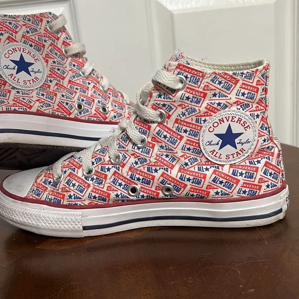 🔥🔥 CONVERSE‎ Hi-Tops Red White Blue All Over Print - Big KIDS Sz 1 - PERFECT